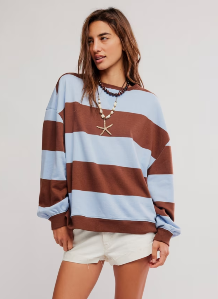 Classic Stripe Crew Neck Jumper, Light Blue/Brown