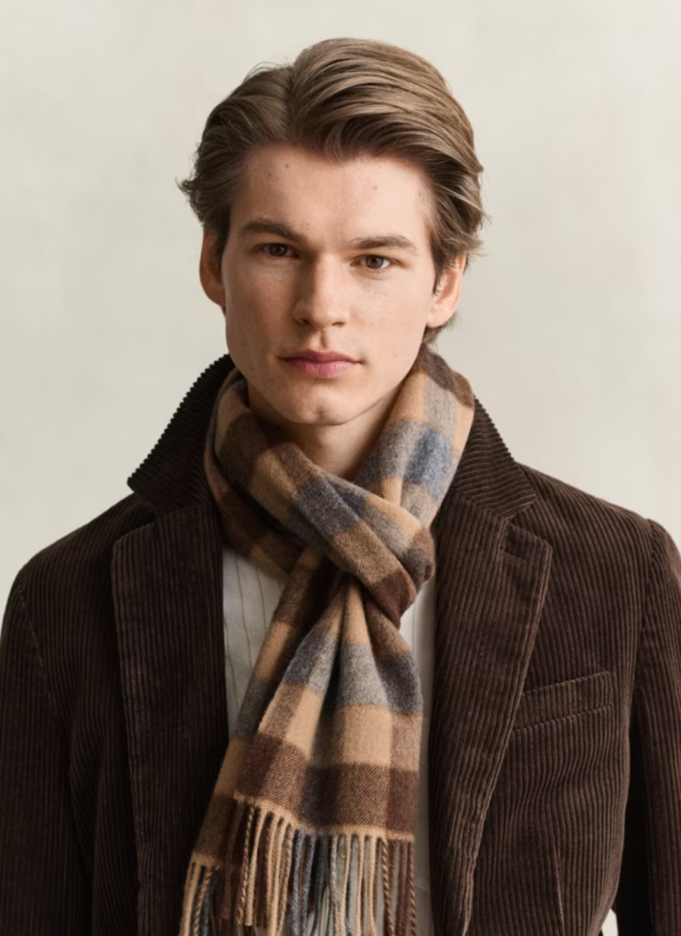 Merino Wool Check Scarf, Warm Khaki