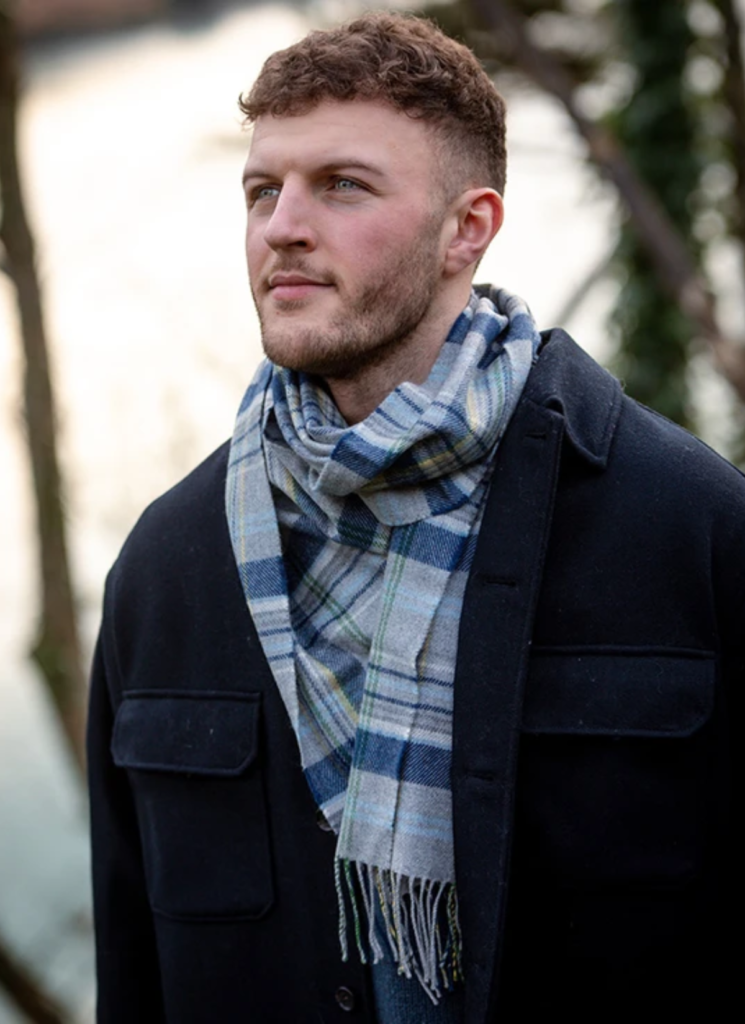 Merino Luxury Wool Scarf - Grey & Blue Check