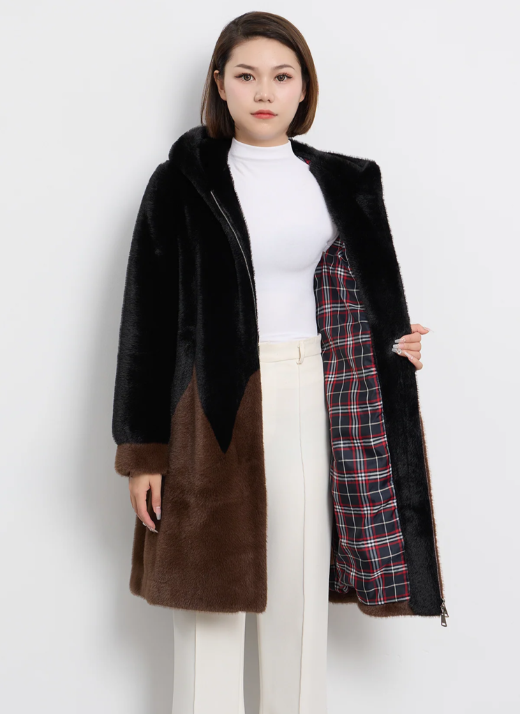 Women's Hooded Fur Short Coat Exclusive Design - Black/Brown 