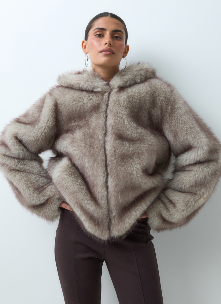 Kaiia faux fur hooded cropped jacket in soft brown 