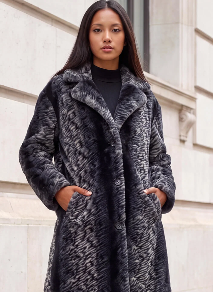 Petite Animal Faux Fur Collar Coat 