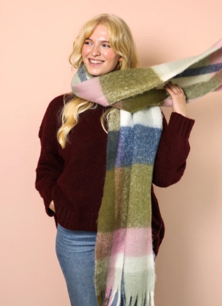 Olive and Pink Tartan Winter Scarf
