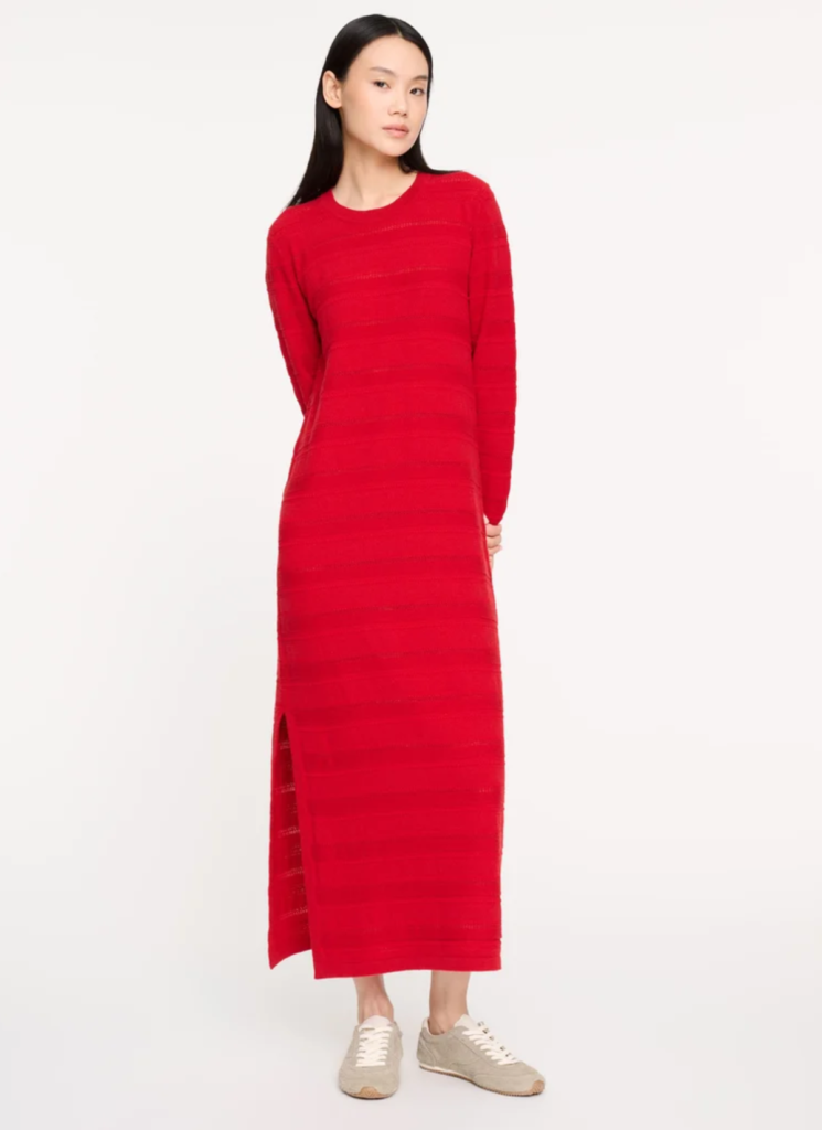 Long cashmere and cotton dress with lace stripes 