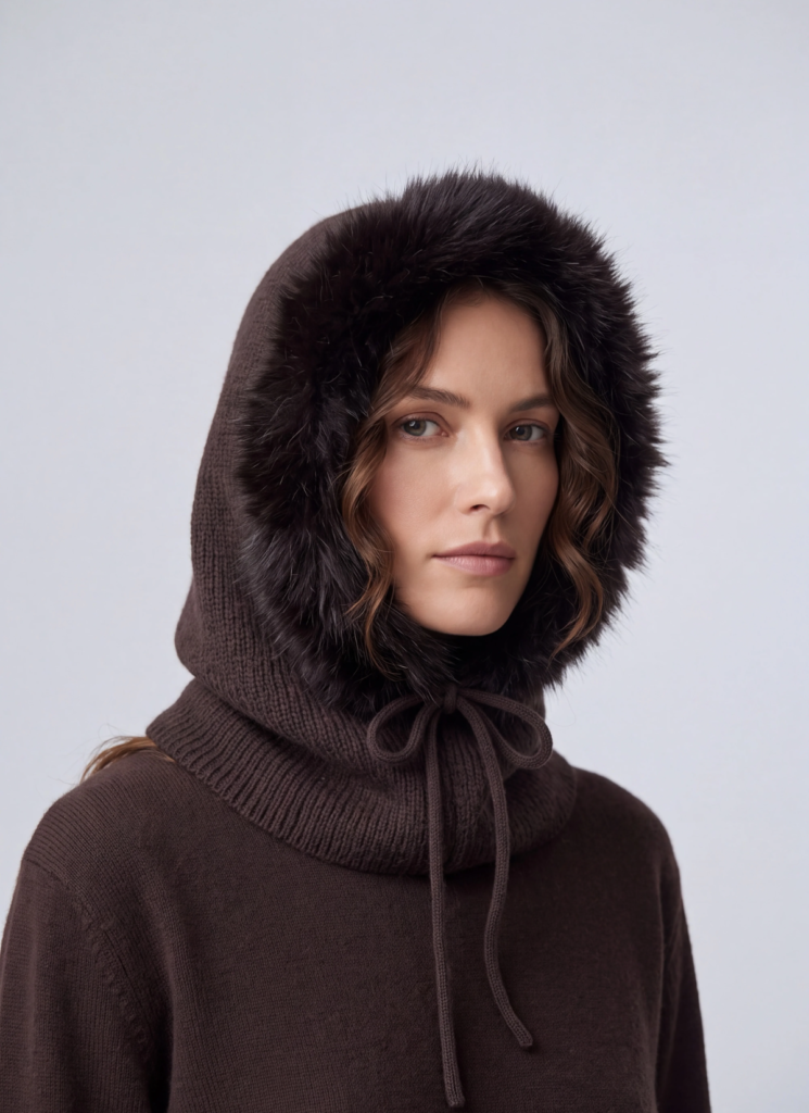 Women’s Faux Fur Trim Knitted Hood Scarf with Tie Fastening 